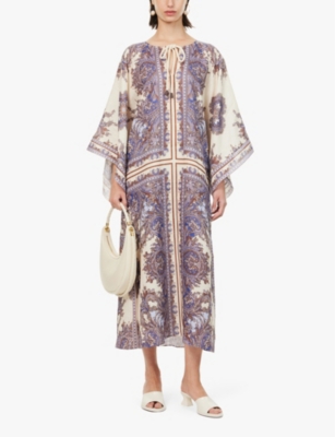 Shop Zimmermann Womens  Ottie Printed Kaftan Linen Midi Dress In Purple Paisley