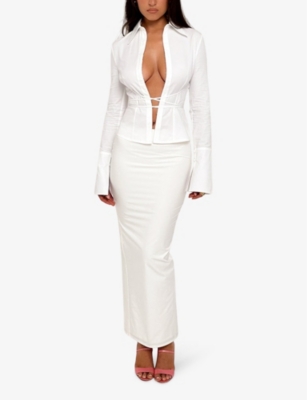 Shop House Of Cb Of Cb Womens Eden Mid-waist Cotton-twill Maxi Skirt White