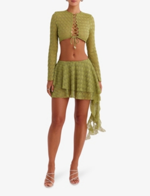 Mistress Rocks Layered Knit Miniskirt In Lime