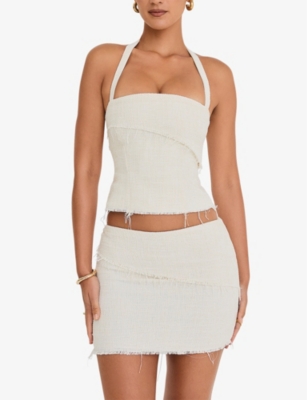 MISTRESS ROCKS: Distressed slim-fit high-rise tweed mini skirt