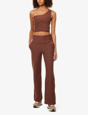 BEYOND YOGA WOMENS BOLD MOCHA HEATHER SPACEDYE LAID BACK WIDE-LEG COTTON-BLEND STRETCH-JERSEY TROUSERS 