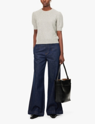 FRAME: Pointelle-knit puff-sleeve cashmere top