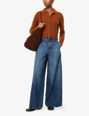 Frame Womens Chestnut Shrunken Spread-collar Cashmere Cardigan In Brown