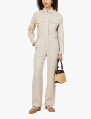 Shop Rivet Womens Powerhouse Long-sleeved Linen Jumpsuit Oatmeal