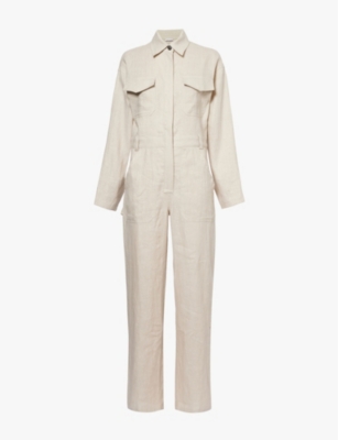 Shop Rivet Womens Powerhouse Long-sleeved Linen Jumpsuit Oatmeal