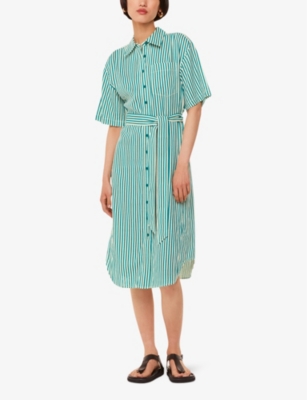 WHISTLES: Stripe-print belted-waist linen-blend midi dress