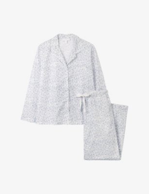 The White Company S White/blue Flower Bud-print Relaxed-fit Cotton Pyjama Set In Silver