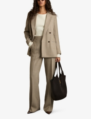 Reiss Womens Vida Double-breasted Houndstooth-check Wool Blazer Brown Check In Brown Check