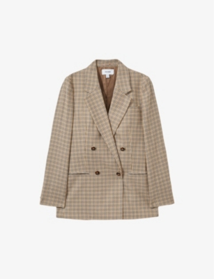 Reiss Womens Vida Double-breasted Houndstooth-check Wool Blazer Brown Check In Brown Check