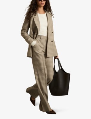 Shop Reiss Womens  Vida Wide-leg Houndstooth-check Wool Trousers In Brown Check
