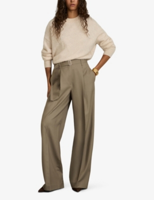 Reiss Womens Clara Belted Wide-leg Wool Trousers Neutral In Neutral