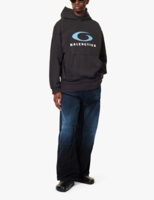 Shop Balenciaga Mens Logo-print Relaxed-fit Cotton-jersey Hoody Washed Black/blue