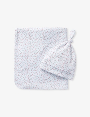 THE LITTLE WHITE COMPANY: Spring Berries Reversible Organic Cotton Blanket & Hat Set 0-12 Months