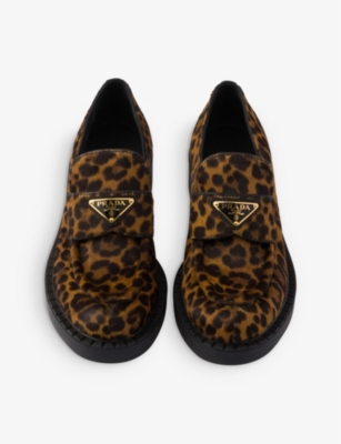 Chocolate leopard-print brushed leather loafers