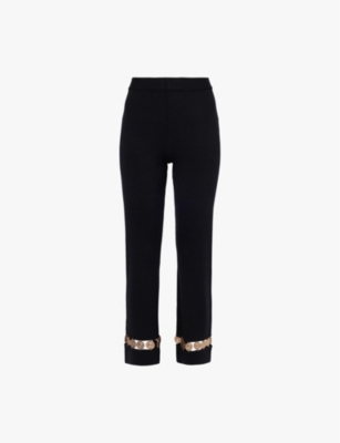 Rabanne Womens Black Plaque-embellished Flared-leg High-rise Wool-blend Knit Trousers In Black