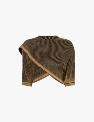 RABANNE WOMENS BLACK / GOLD METALLIC-WEAVE ROUND-NECK SLIM-FIT KNITTED CARDIGAN 