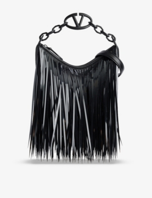 Valentino Vlogo Moon Mini Hobo Bag With Sequin Fringes In Nero