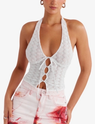 MISTRESS ROCKS WOMENS WHITE PLUNGE-NECK HALTER-NECK KNITTED TOP 