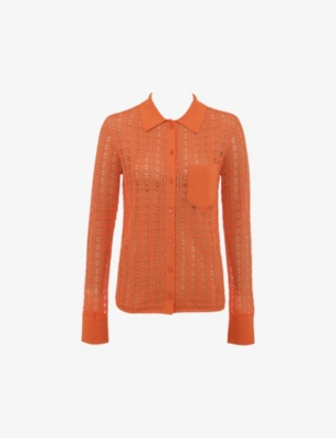 Mistress Rocks Pointelle Stitch Button-up Shirt In Tangerine