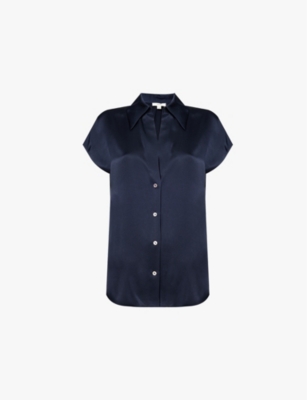 Vince Cap-sleeve Linen Button-front Blouse In Coastal Blue