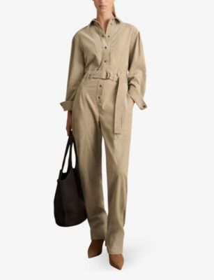 Reiss Womens  Corduroy-texture Stretch-cotton Jumpsuit In Neutral