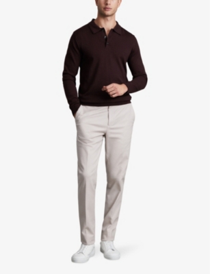 REISS MENS DARK BORDEAUX TRAFFORD POLO-COLLAR SLIM-FIT WOOL JUMPER XS