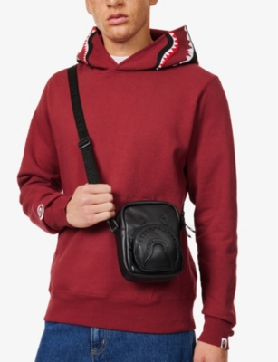 Shop A Bathing Ape Mens Black Shark Embroidered Leather Mini Cross-body Bag