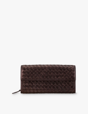 Shop Reselfridges Womens Pre-loved Bottega Veneta Long Intrecciato Leather Wallet Brown Dark Brown