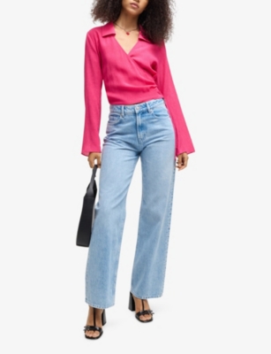 Hugo Boss Womens Hugo Wrap-over Long-sleeve Woven Top In Bright Pink