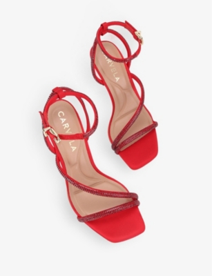 Shop Carvela Womens  Paparazzi Crystal-embellished Satin Heeled Sandals In Red