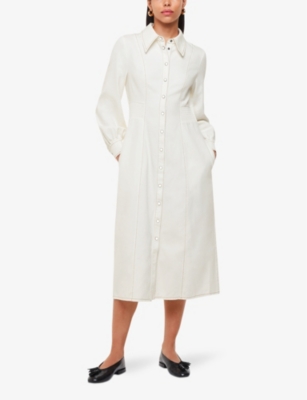 WHISTLES: Harlowe shirred-waist long-sleeve denim midi dress