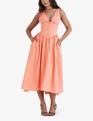 Shop House Of Cb Of Cb Womens Sorbet Cotton Emmelina Plunge-neck Corset Stretch Cotton-blend Midi Dress