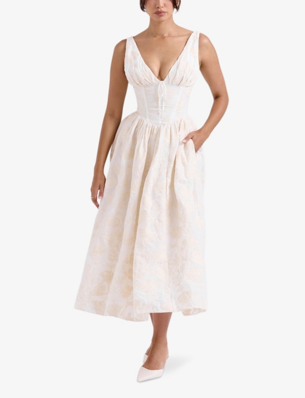 Emmelina plunge-neck corset stretch cotton-blend midi dress
