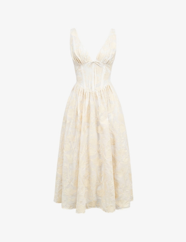 Emmelina plunge-neck corset stretch cotton-blend midi dress