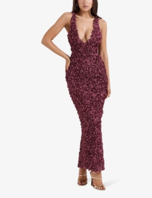 HOUSE OF CB WOMENS MERLOT PLUNGE CARENA FLORAL-APPLIQUÉ SLIM-FIT WOVEN MAXI DRESS 