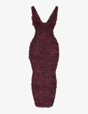 House Of Cb Of Cb Womens Merlot Plunge Carena Floral-appliqué Slim-fit Woven Maxi Dress Xs In Merlot Plunge