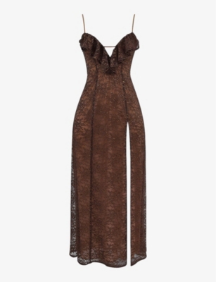 House Of Cb Lucianna Metallic Lace Sleeveless Gown In Espresso