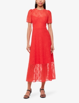Whistles Womens Coral Fay Lace-embroidered Short-sleeve Stretch-woven Midi Dress In Coral
