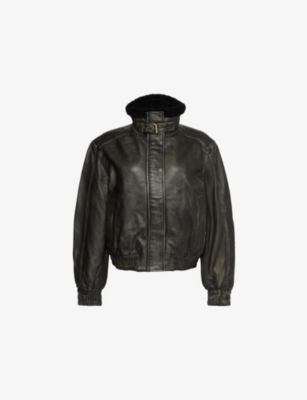 80s short real leather bomber jacket blk 80s vtg short real