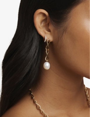 ASTRID & MIYU: Infinite 18ct yellow gold-plated sterling-silver and freshwater-pearl drop earrings
