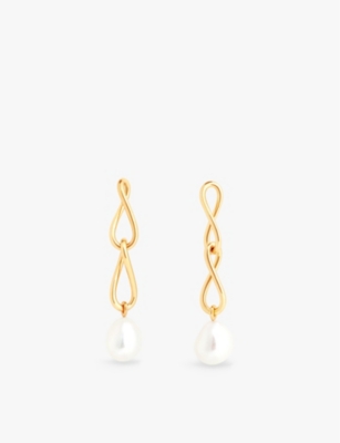 ASTRID & MIYU: Infinite 18ct yellow gold-plated sterling-silver and freshwater-pearl drop earrings