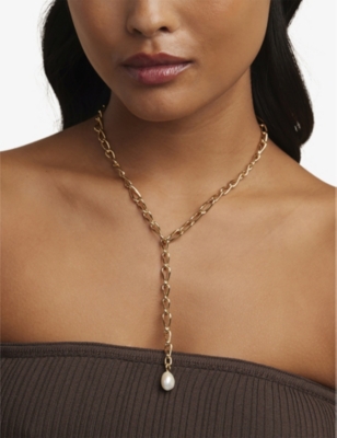 Astrid & Miyu Infinite Rhodium-plated Recycled Sterling-silver And Freshwater-pearl Lariat Necklace In 18ct Gold