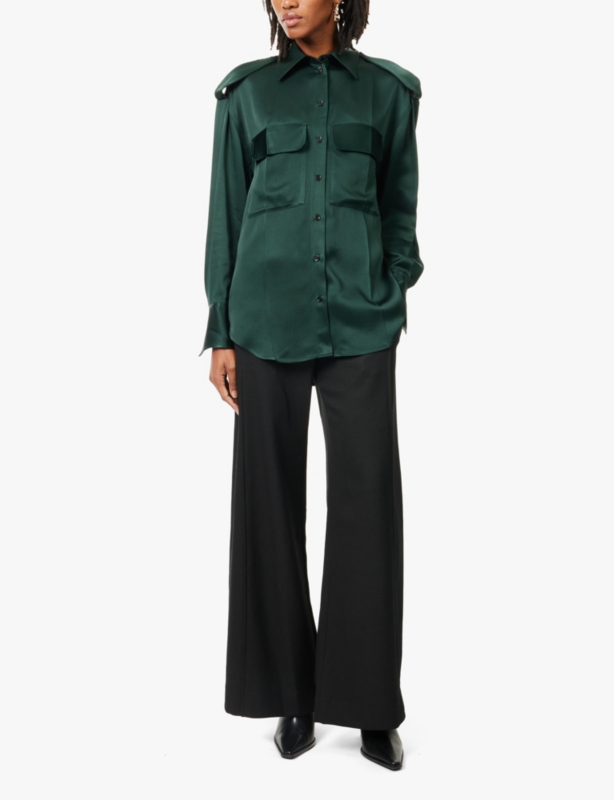 Satin-panel wide-leg mid-rise woven trousers