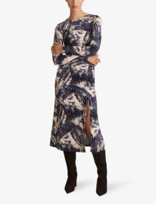 Reiss Ruched Print Midi Dress In Navy/neutral