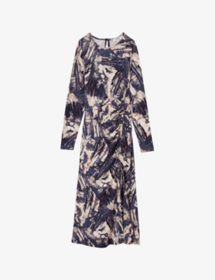 Reiss Ruched Print Midi Dress In Navy/neutral