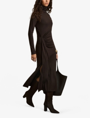 Reiss Womens  Roll-neck Stretch-jersey Midi Dress In Brown