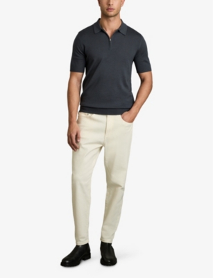 Reiss Mens  Maxwell Zip-up Wool Polo Shirt In Blackened Blue