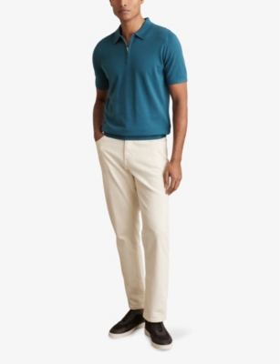 Reiss Mens  Maxwell Half-zip Short-sleeve Merino-wool Polo In Deep Teal Blue