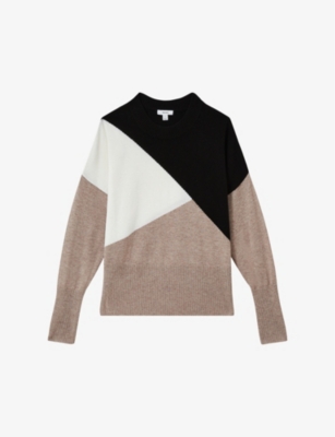 REISS WOMENS CAMEL/BLACK FAYE ROUND-NECK KNITTED JUMPER 