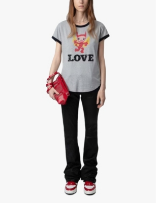 Zadig & Voltaire Womens Gris Chine Woop Graphic-print Short-sleeve Cotton And Linen-blend T-shirt In Gris Chine